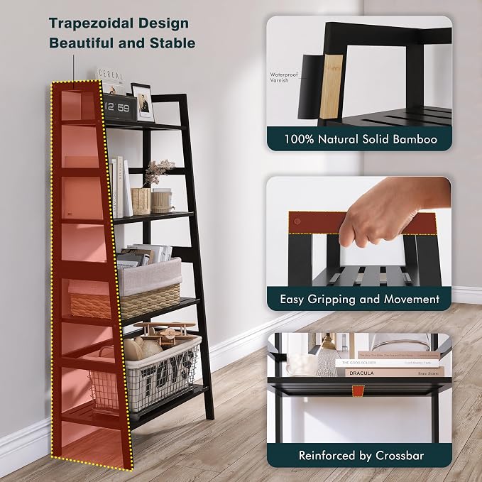 HITNET Black Bookshelf, 4-Tier Ladder Shelf, Freestanding Leaning Bookcase - Image 8