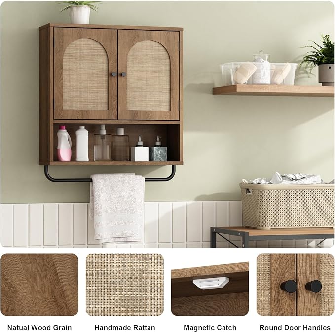 RUSTOWN Rattan Bathroom Wall Cabinet, Boho Medicine Cabinet - Image 4