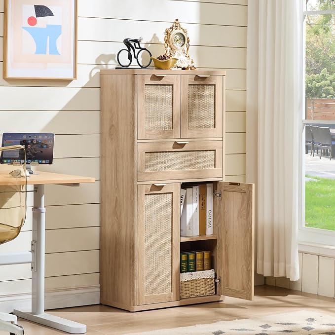 LEYAOYAO 48" Tall Storage Cabinet, Rattan Bathroom Floor Cabinets - Image 8