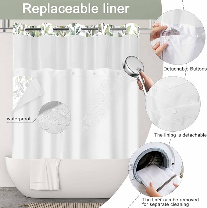 No Hook Shower Curtain and Liner Set, Sage Green Eucalyptus Floral Shower - Image 3