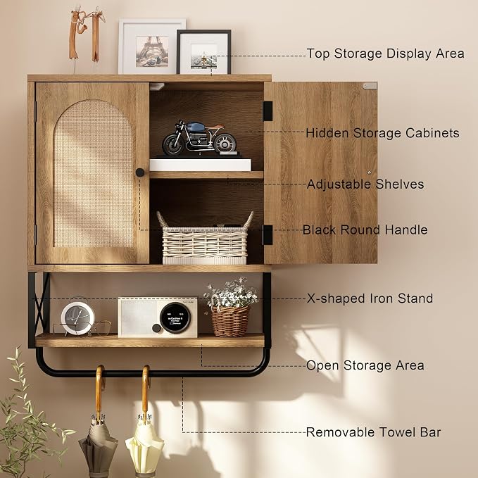 RUSTOWN Rattan Bathroom Wall Cabinet, Boho Over The Toilet Storage Cabinet - Image 7