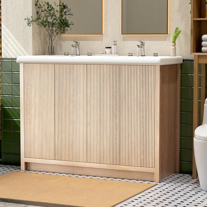 48 Inch Bathroom Vanity with Double Sink, Bathroom Sink Cabinet with 4 Fluted by Umeiga