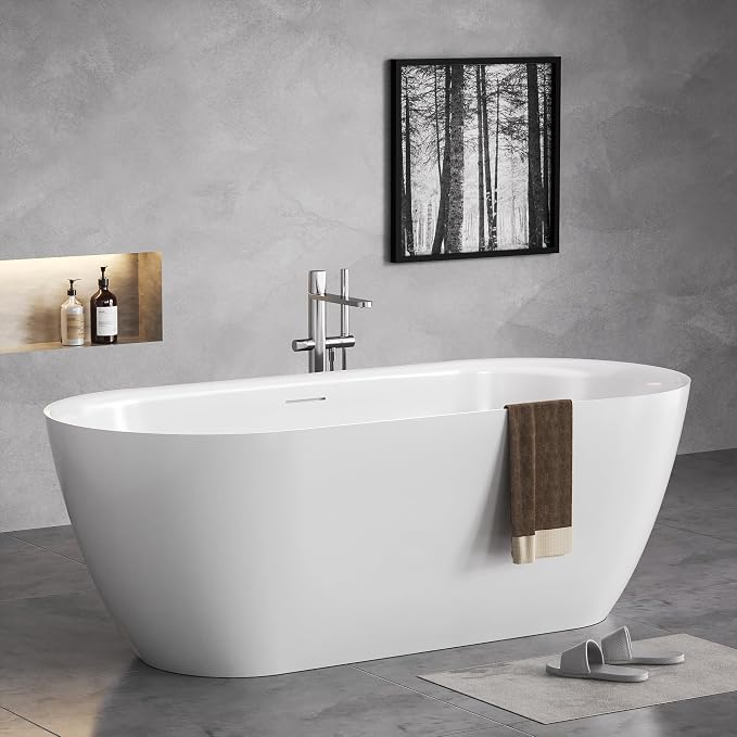 67" Acrylic Freestanding Soaking Bathtub, Modern Oval Acrylic Bath Tub by Bakiwhs