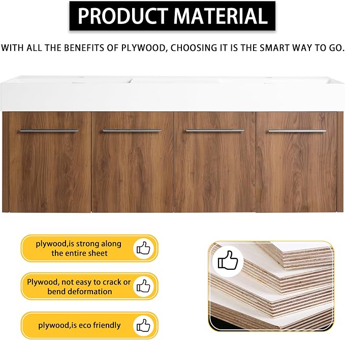 60 Inch Bathroom Vanity with Double White Resin Sink, Plywood Base, Scratch & - Image 6