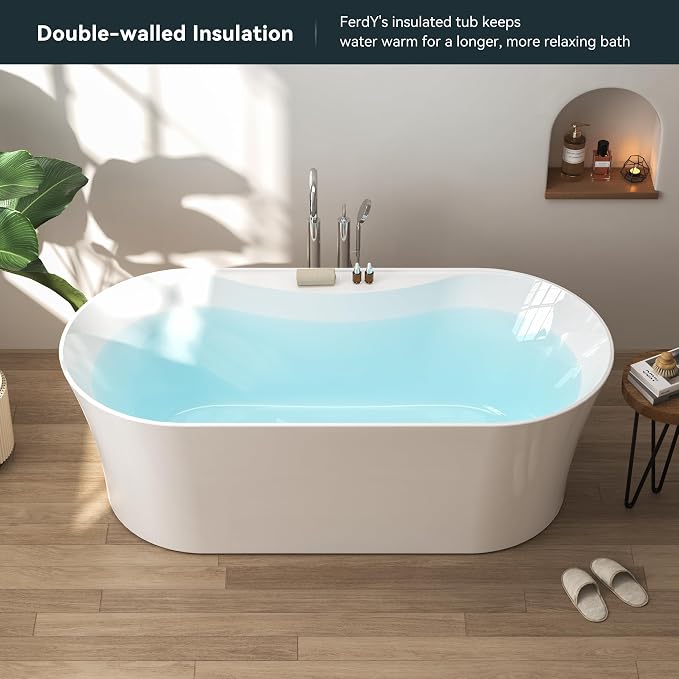 FerdY Santorini 67" Acrylic Freestanding Tub, Gracefully Shaped Contemporary - Image 2