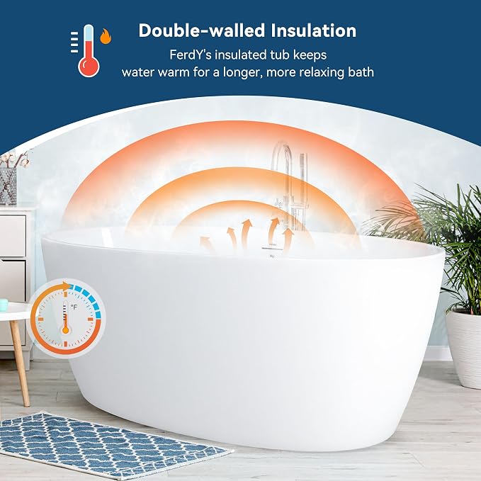 FerdY Tahiti 59" Acrylic Freestanding Bathtub, Elegant Oval Shape Bathtub - Image 2