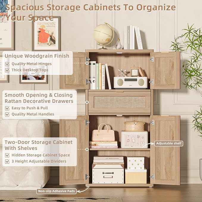 LEYAOYAO 48" Tall Storage Cabinet Set of 2, Rattan Bathroom Floor Cabinets - Image 6