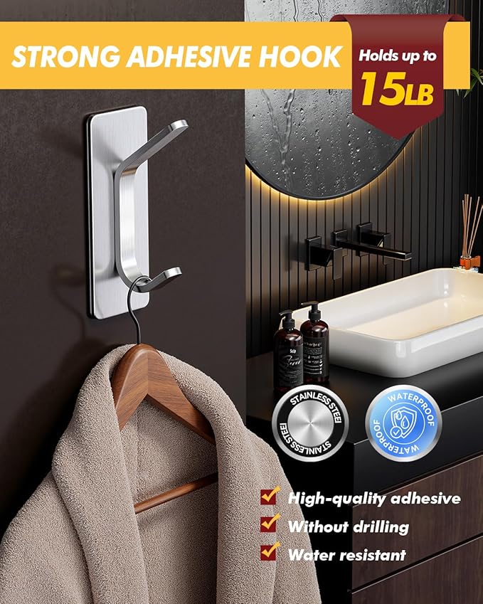 Auxmir Self Adhesive Hooks for Hanging 15lb, Stainless Steel Wall Hooks for - Image 3