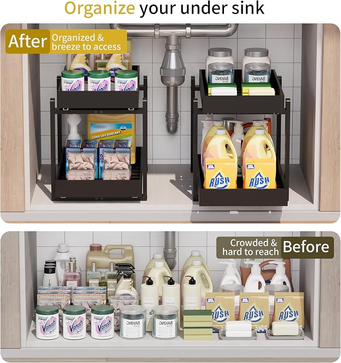 Bamboo Wood Under Sink Organizer 2 Pack, Pull Out Cabinet Organizer 2 Tier - Image 3