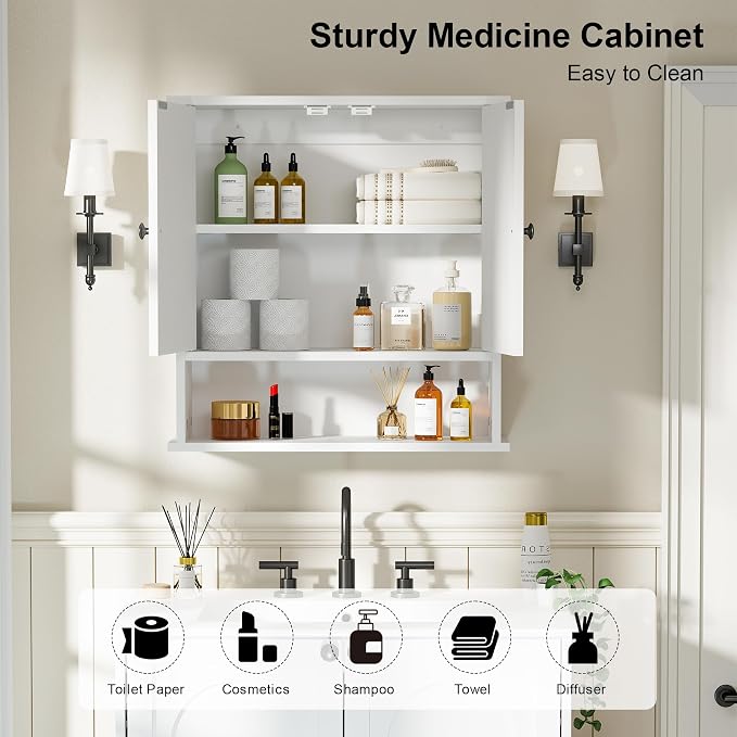 Medicine Cabinet for Bathroom, 2 Doors White Bathroom Wall Cabinet - Image 4