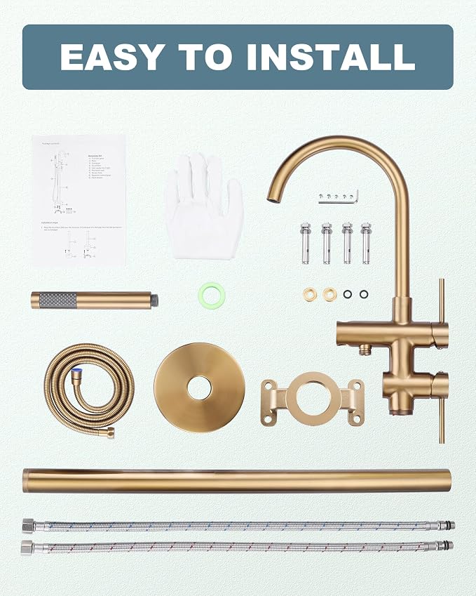 Freestanding Bathtub Faucet Brushed Gold, Floor Mount Tub Filler, High Flow - Image 7