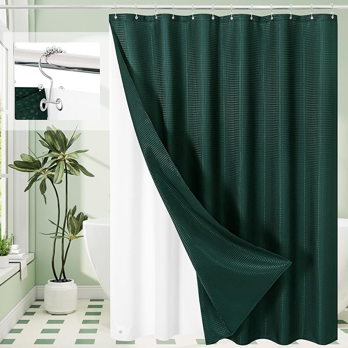 3 in 1 Long Dark Green Shower Curtain Set-72 W x 78 H, Modern Waffle and PEVA by Unknown