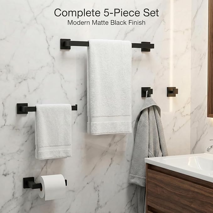 5 Piece Bathroom Hardware Set Matte Black, SUS304 Stainless Steel Towel Bar Set - Image 2