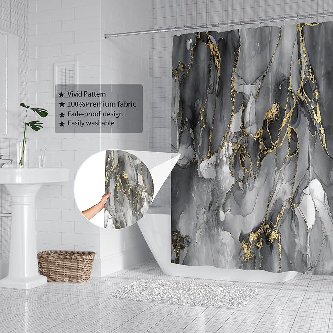 Domoku Brown Gold Marble Shower Curtain, Waterproof Texture Washable Fabric - Image 3