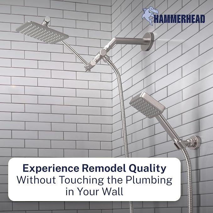 HammerHead® Solid Metal Dual Shower Head Combo — 8" Square Rain Shower Head - Image 2