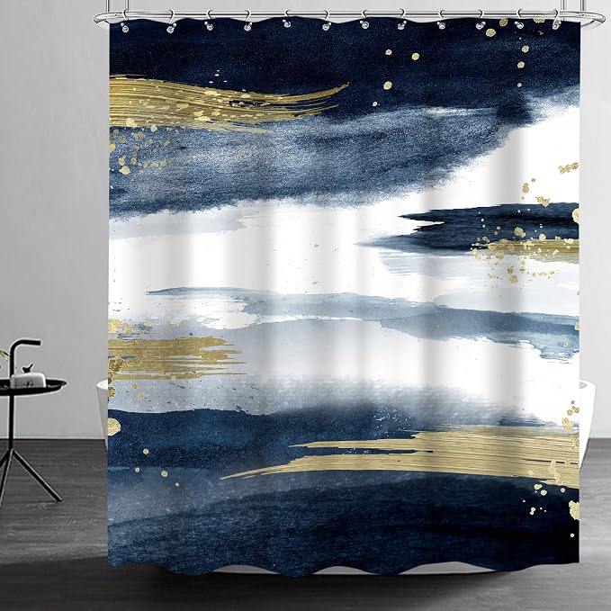 Cinbloo Navy Blue Marble Shower Curtain 60Wx72H Abstract Modern Ombre Gold - Image 6