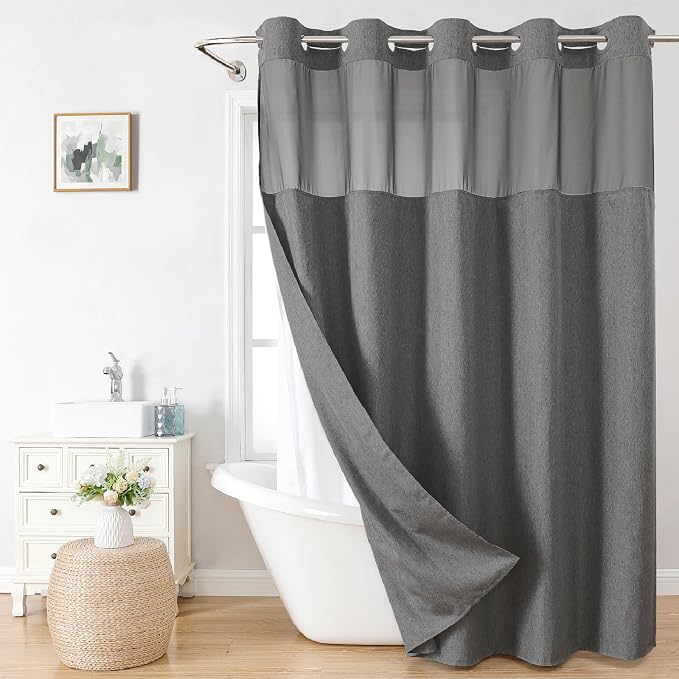 Extra Long No Hooks Needed Linen Textured Shower Curtain by EACHOPE