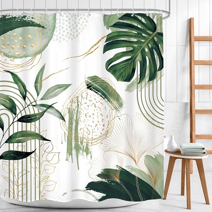 Green Boho Shower Curtain 60Wx72H Sage Green Bohemian Modern Abstract Tropical - Image 2