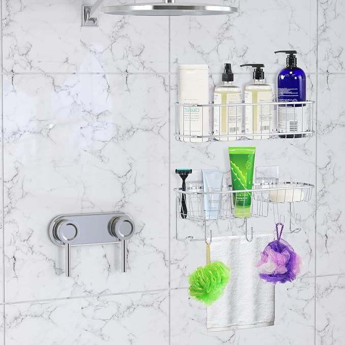 Simple Houseware Bathroom Adhesive Wall Mount Large Shower Caddy w/Hooks - Image 4