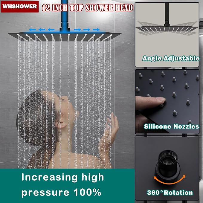Rainfall Shower System with 12+8+8" Three Top Shower Heads, Body Jets and - Image 3