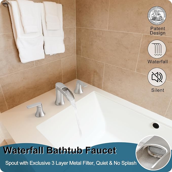 Brushed Nickel Tub Faucet Set 3 Hole, Brass Deck Mount Waterfall Bathtub Faucet - Image 2