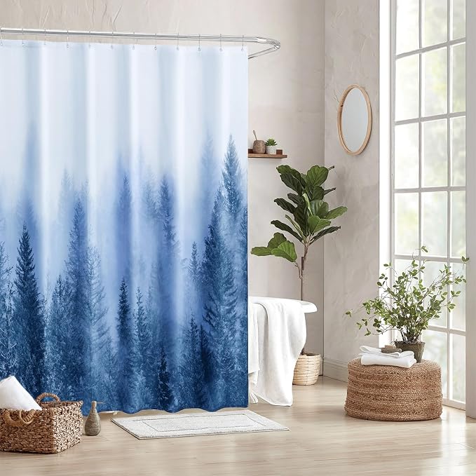 ORTIGIA Blue Shower Curtain for Bathroom, Misty Forest Nature Woodland Shower - Image 8