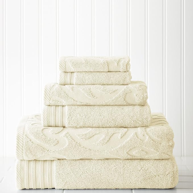 Modern Threads 6 Piece Jacquard/Solid Towel Set-Medallion Swirl Ivory - Image 2