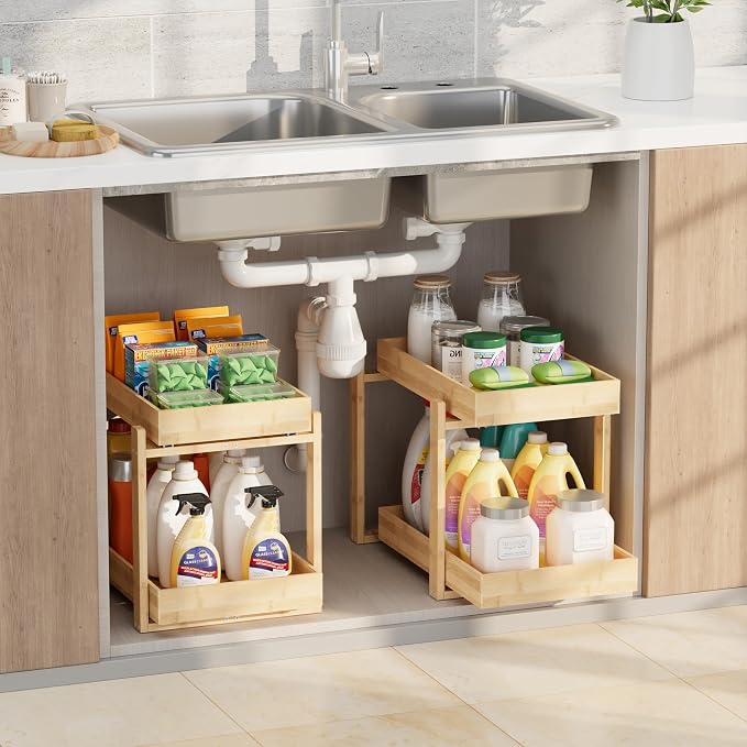2 Pack Under Sink Organizer, Bamboo Wooden 2-Tier Pull-Out Storage - Image 2