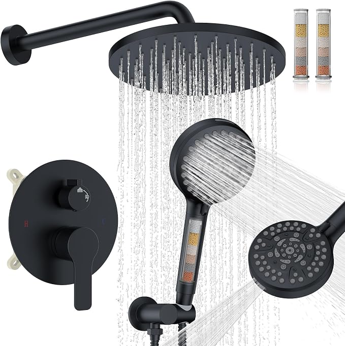 Iriber Mattle Black Round Rain Shower System Faucet Set，Filtered Shower Head by Iriber