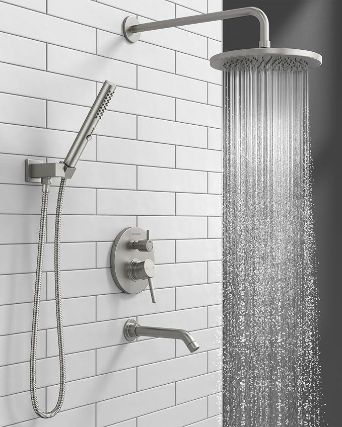 Lava Odoro Modern 3-Setting Round Rain Bathtub and Shower Faucet Set, Brushed - Image 2