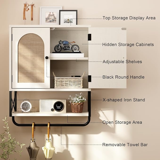 RUSTOWN Rattan Bathroom Wall Cabinet, Boho Over The Toilet Storage Cabinet - Image 7