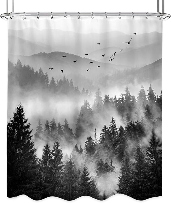 Riyidecor Mountain Shower Curtain 60Wx72H Inch Black Pine Tree Nature Scenery - Image 6