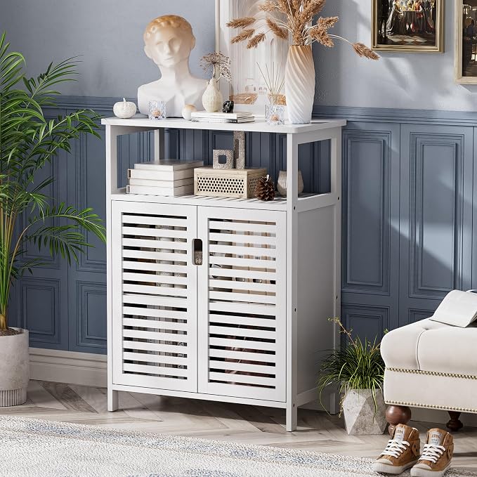HITNET White Bathroom Cabinet, Bamboo Storage Cabinet Freestanding, Side Tall - Image 2