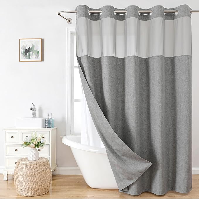 Long No Hooks Needed Linen Textured Shower Curtain by EACHOPE