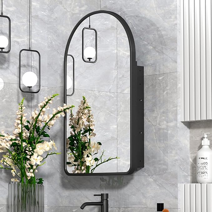 Arched Medicine Cabinet with Mirror, 20x31 Inch Black Recessed Bathroom Cabinet by Mepplzian