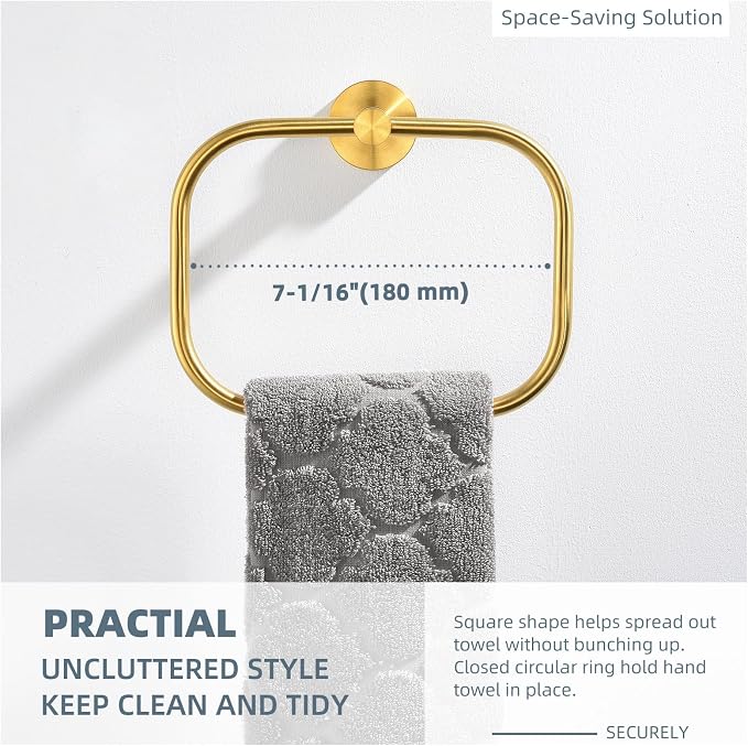 Angle Simple Square Towel Ring Brassy Gold, SUS 304 Stainless Steel Swivel Hand - Image 6