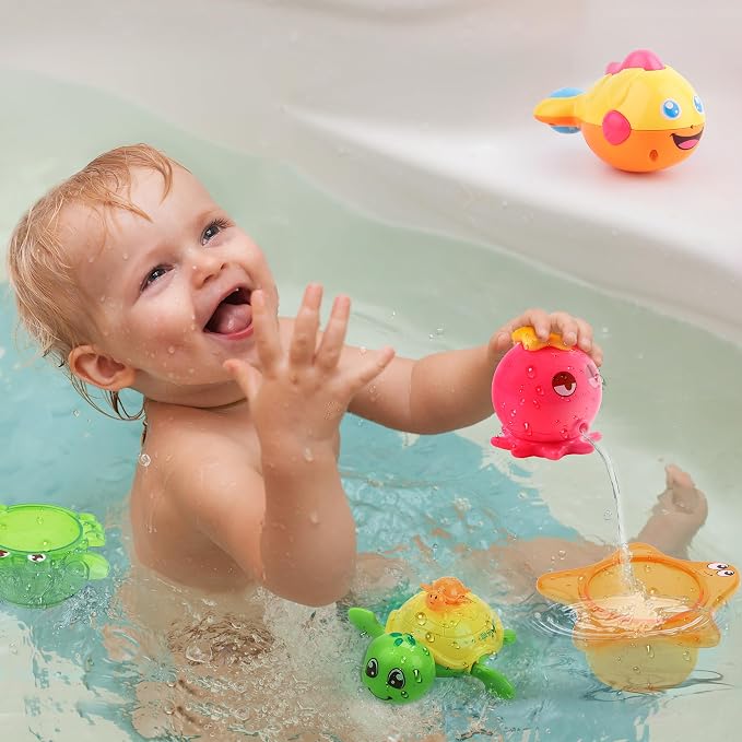 iPlay, iLearn Baby Bath Toys w/ Organizer, Water Squirting Octopus, Wind Up - Image 6