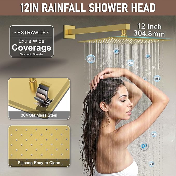 Shower Faucet Set Brushed Gold Shower System, Push Button Diverter 3-Way Shower - Image 5