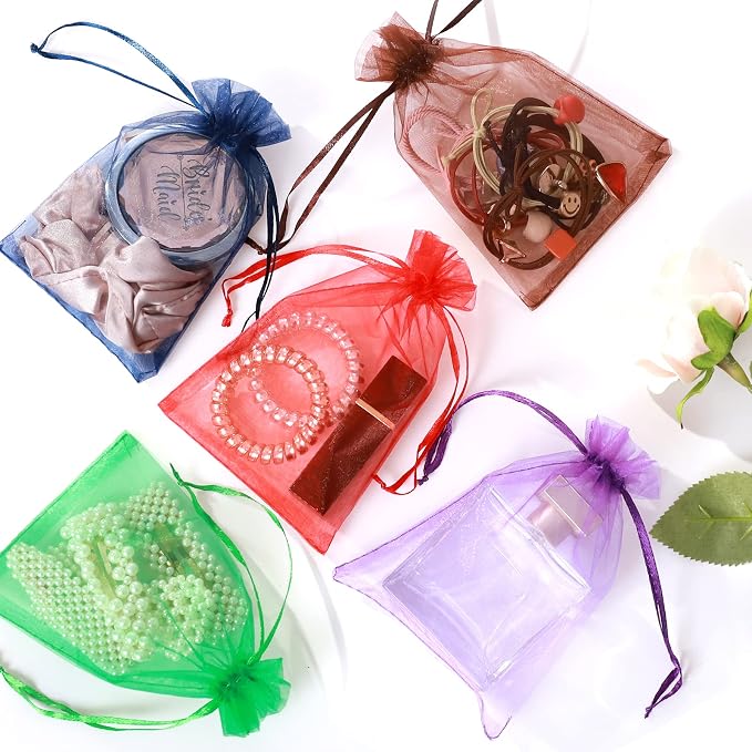 100PCS 4X4.72" Mixed Color Satin Drawstring Organza Pouch Gift Bags - Image 3