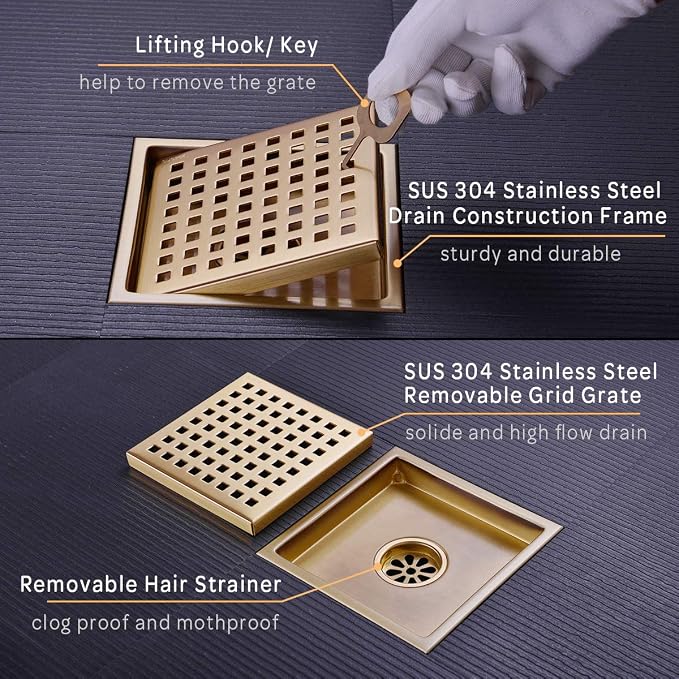 Square Shower Floor Drain with Removable Cover Grid Grate 6 inch Long, SUS 304 - Image 5