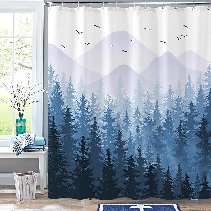 Aipon Blue Misty Forest Shower Curtain Ombre Nature Tree Plants Shower Curtains - Image 4