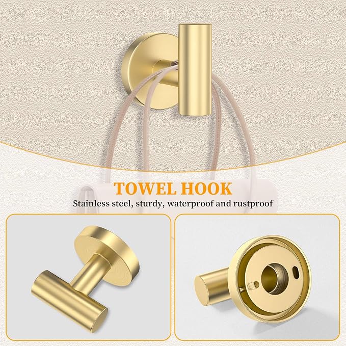 Brushed Gold Towel Bar Set 5 Pieces Round Bathroom Hardware Set Includes 23.6in - Image 5