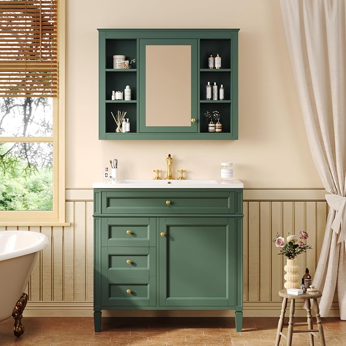 36" Bathroom Vanity with Matching Medicine Cabinet, Modern Sink Storage Cabinet by Virubi