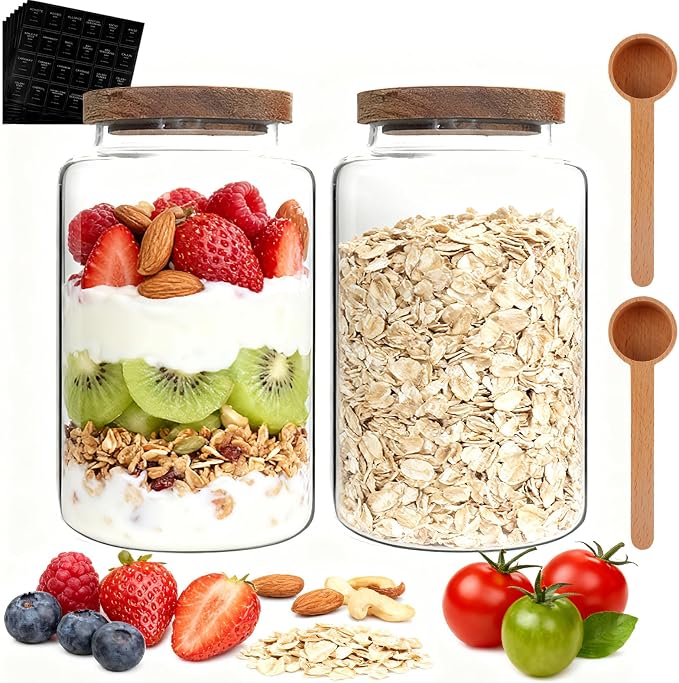 Glass Storage Jar with Lids Spoon Labels Round Glass Coffee Canister - Image 8