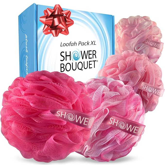 SHOWER BOUQUET Pink-Loofah Bath-Sponge XL 4-Pack // Extra Large 75g Soft Mesh by ShowerBouquet%C2%AE