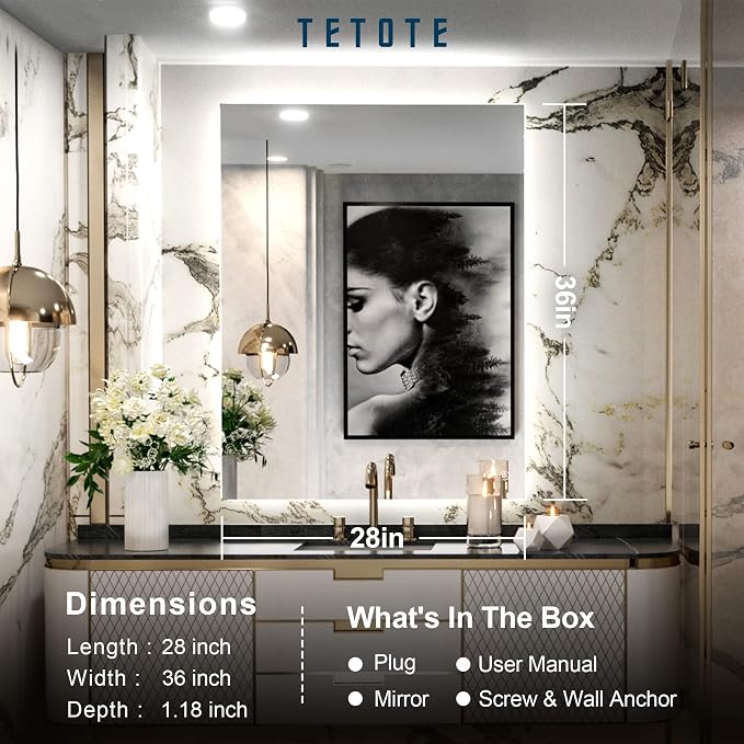 TETOTE 28 x 36 Inch LED Backlit Mirror Bathroom - Image 6