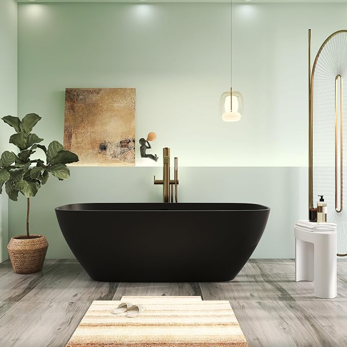 67" Premium Solid Surface Freestanding Bathtub, Upgraded Oval Stone Resin by HIGEINE