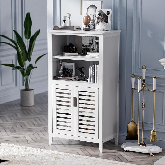 HITNET White Bathroom Cabinet, Bamboo Storage Cabinet Freestanding, Side Tall - Image 2