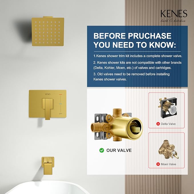 KENES Brushed Gold Tub and Shower Trim Kit, Square Tub Shower Faucet Set - Image 3