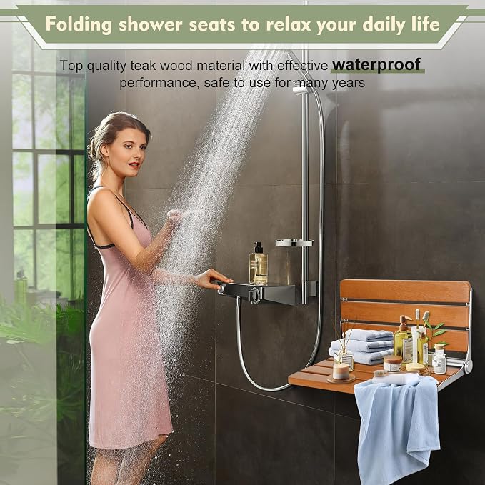 18" Folding Shower Seat Wall Mounted, Fold Down Shower Bench - Image 2